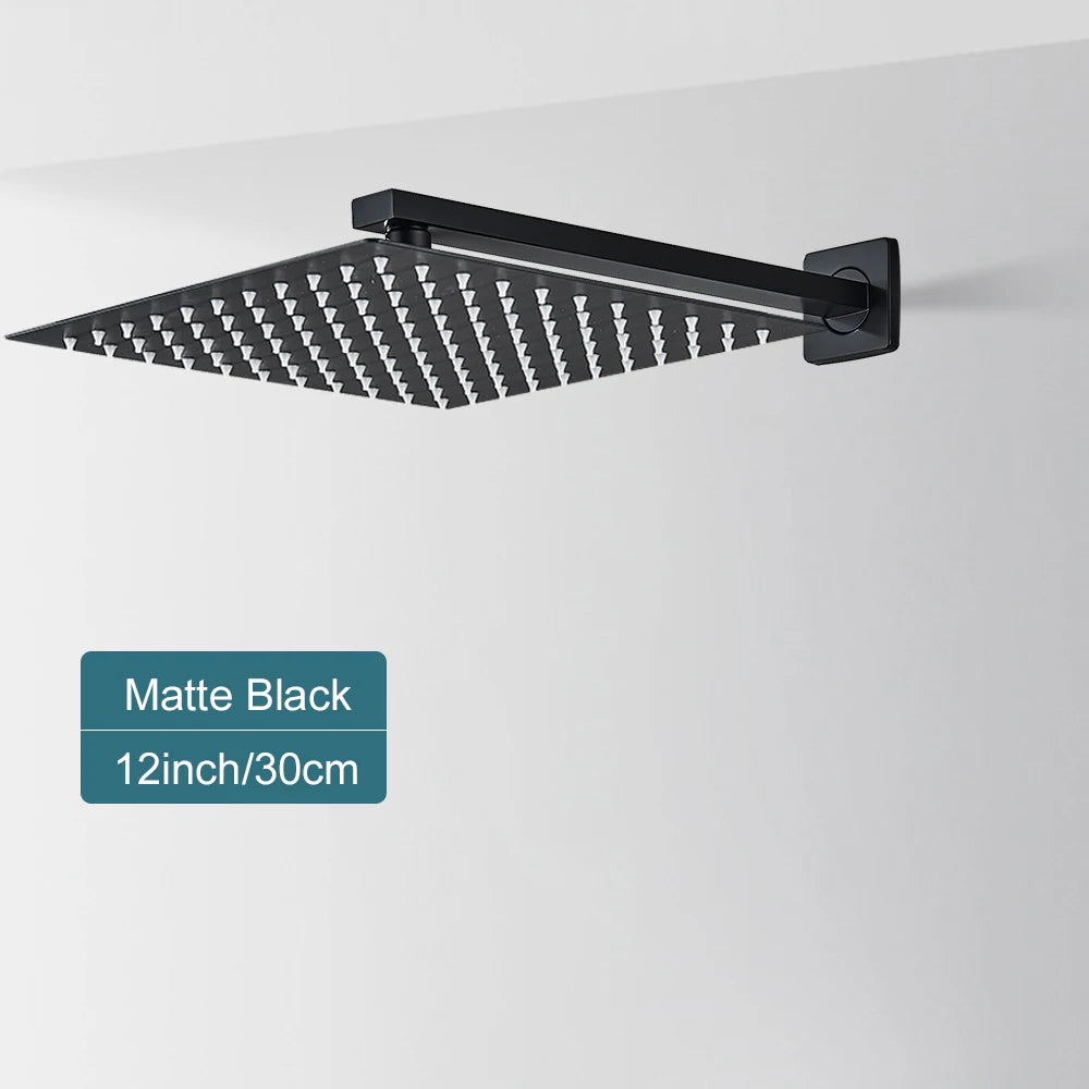 Matte Black Rain Shower Head 8/10/12 Inch Bathroom Square Shower Head and Shower Arm Wall Mounted Shower Faucet