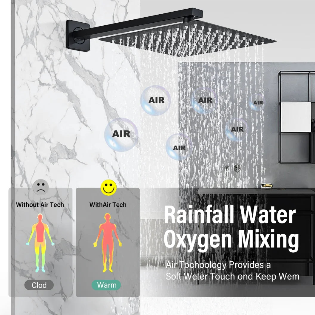 Matte Black Rain Shower Head 8/10/12 Inch Bathroom Square Shower Head and Shower Arm Wall Mounted Shower Faucet