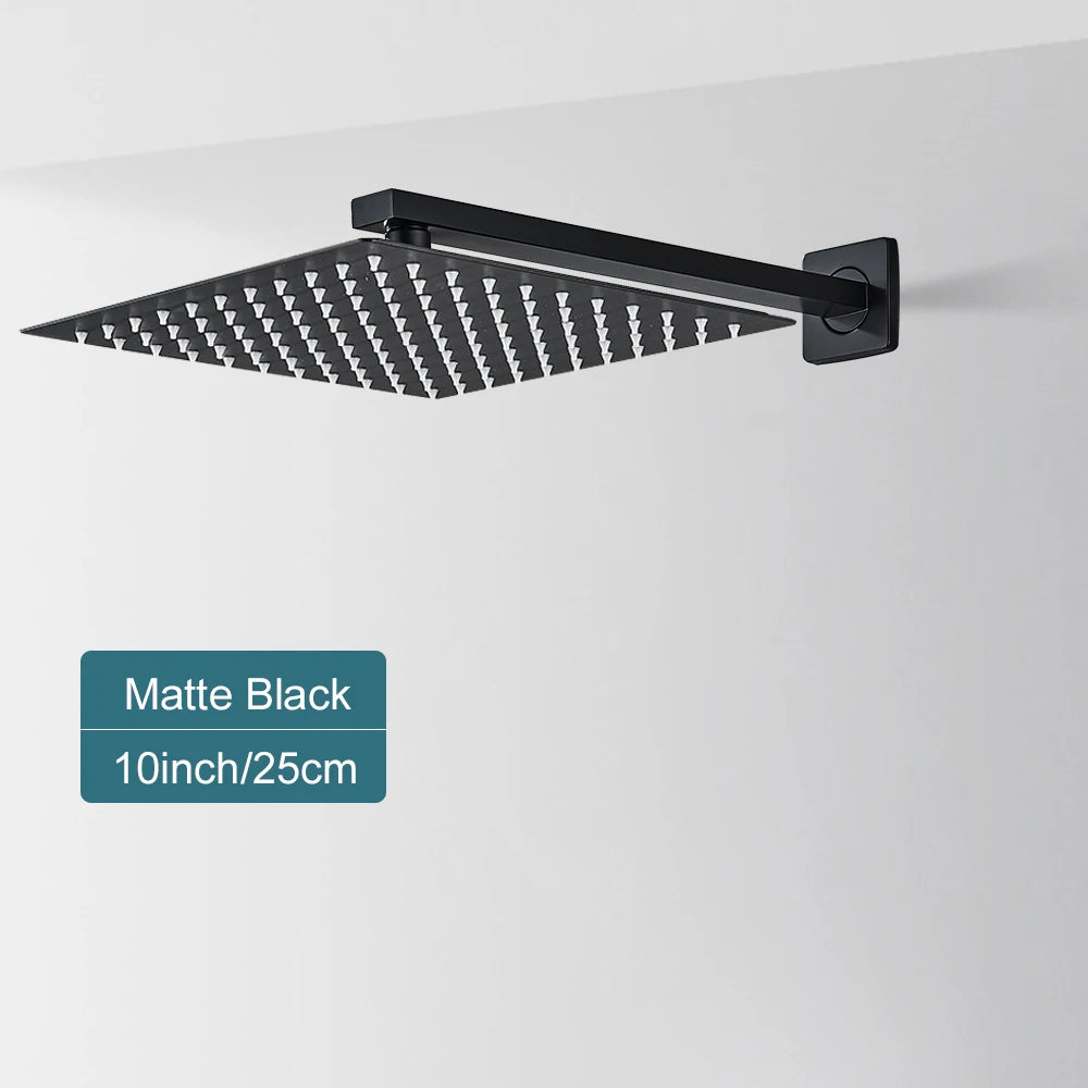 Matte Black Rain Shower Head 8/10/12 Inch Bathroom Square Shower Head and Shower Arm Wall Mounted Shower Faucet