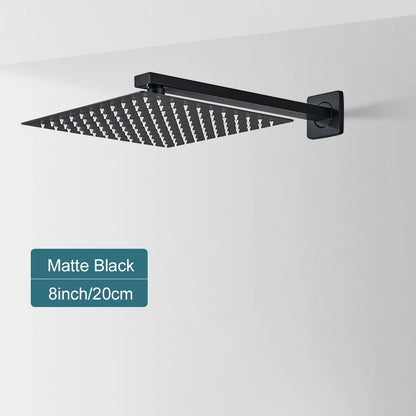 Matte Black Rain Shower Head 8/10/12 Inch Bathroom Square Shower Head and Shower Arm Wall Mounted Shower Faucet