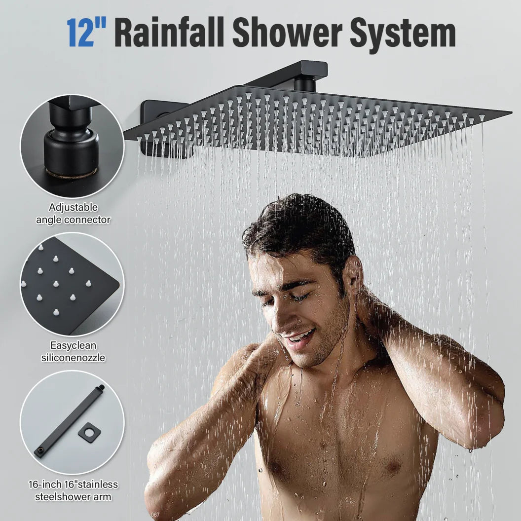 Matte Black Rain Shower Head 8/10/12 Inch Bathroom Square Shower Head and Shower Arm Wall Mounted Shower Faucet